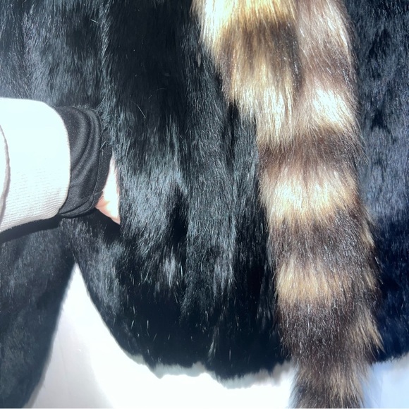 Rabbit Fur Zip Up Mob Wife Fur Coat With Tail Tassels Black M - Picture 6 of 15